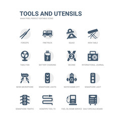 simple set of icons such as daily specials board, fuel oil bomb service, hosepipe tool to extinguish fire or gardening, semaphore traffic lights, semaphore light, water bomb city supplier, semaphore