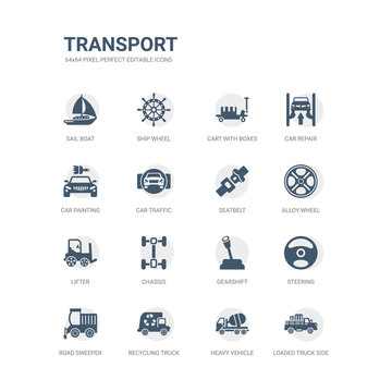 simple set of icons such as loaded truck side view, heavy vehicle, recycling truck, road sweeper, steering, gearshift, chassis, lifter, alloy wheel, seatbelt. related transport icons collection.