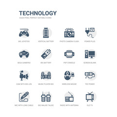 simple set of icons such as old tv, radio with antenna, big walkie talkie, mic with long cable, tee power, wireless mouse, music player big speaker, cam with big len, screen blank, psp console.