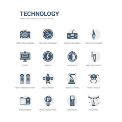 simple set of icons such as holidays, recording, wireless lighting, nanosensor, robot insect, robotic hand, solar plane, teletransportation, wireless gadget, half hour. related technology icons