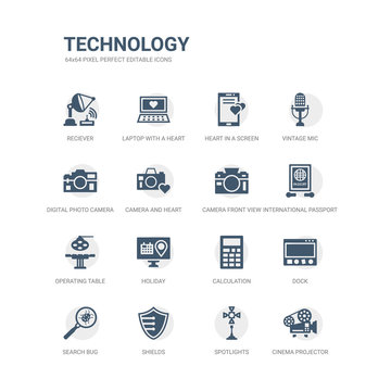 simple set of icons such as cinema projector, spotlights, shields, search bug, dock, calculation, holiday, operating table, international passport, camera front view. related technology icons