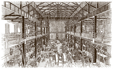 Interior view of historical machine shop, factory building with machinery and workers, after antique engraving