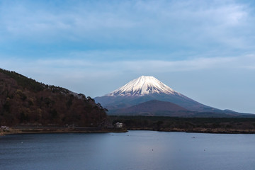 Mount Fuji or Mt. Fuji, the World Heritage, view in Lake Shoji ( Shojiko ). Fuji Five Lake region, Minamitsuru District, Yamanashi prefecture, Japan. Landscape for travel destination.