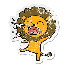 distressed sticker of a cartoon roaring lion