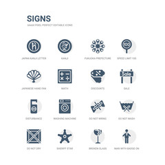 simple set of icons such as man with badge on his cheast, broken glass, sheriff star, do not dry, do not wash, do not wring, washing machine, disturbance, sale, discounts. related signs icons