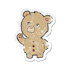 retro distressed sticker of a cartoon waving teddy bear