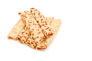 Pancakes with curd isolated on white background.