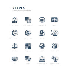 simple set of icons such as two snow flakes, favorite wireles conecction, lover, 360, geometry cube, poligon, dot square, parabola, z, jackal. related shapes icons collection. editable 64x64 pixel