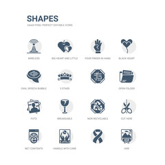 simple set of icons such as hdr,  , handle with care, net contents, cut here, non recyclable, breakeable, foto, open folder,  related shapes icons collection. editable 64x64 pixel
