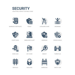 simple set of icons such as safety car, barricade, padlocks, obstacle, turnstiles, insight, key chain, door lock, checke shield, underage. related security icons collection. editable 64x64 pixel