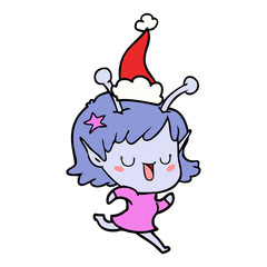 happy alien girl line drawing of a wearing santa hat