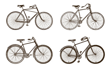 Fototapeta na wymiar Collection of four historical bicycles (after an etching or engraving from the 19th century)