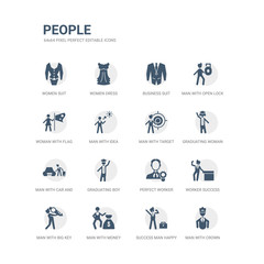 simple set of icons such as man with crown, success man happy, man with money, with big key, worker success, perfect worker, graduating boy, car and suitcase, graduating woman, target. related