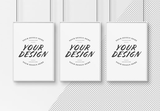 3 Hanging Posters with White Frames Mockup