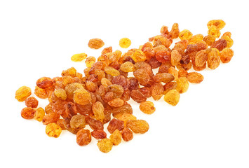 Yellow dried raisins isolated on a white background. Full depth of field.
