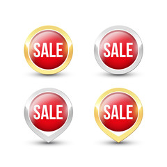 Red round SALE buttons and pointers with metallic gold and silver border