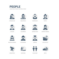 simple set of icons such as birth, no racism, shepherd, kidnapping, psychology, korean, vietnamese, mexican woman, spanish woman, spanish man. related people icons collection. editable 64x64 pixel