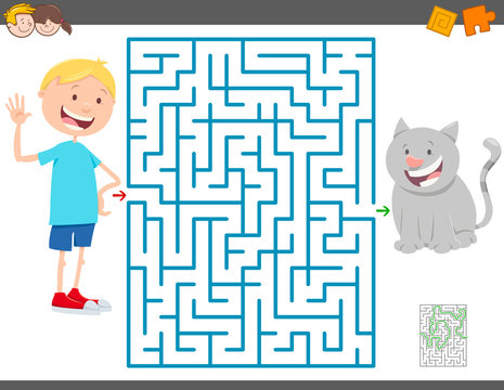 maze game with cartoon boy and his cat