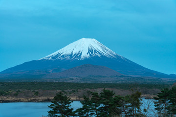 Mount Fuji at twilight after sunset, the World Heritage, view in Lake Shoji ( Shojiko ). Fuji Five...