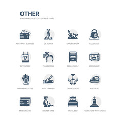 simple set of icons such as tombstone with cross, hotel bed, broken vase, money card, flatiron, chandeliers, nail trimmer, grooming glove, microvawe, small shelf. related other icons collection.