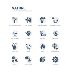 simple set of icons such as japanese,  , waste water, trunk, conservation, flame, reeds, plant pot, grapevine, vineyard. related nature icons collection. editable 64x64 pixel perfect.