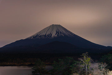 Mount Fuji at twilight after sunset, the World Heritage, view in Lake Shoji ( Shojiko ). Fuji Five Lake region, Minamitsuru District, Yamanashi prefecture, Japan. Landscape for travel destination.