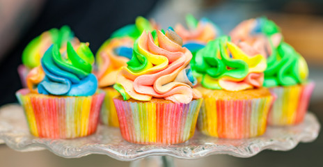 Colorful cupcakes with rainbow cream.