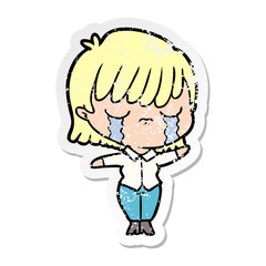 distressed sticker of a cartoon woman crying