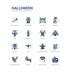 simple set of icons such as pumpkin face, vampire teeth, ghosts, halloween candy, haunted house, halloween ghost, bats, crystals, fear, future. related halloween icons collection. editable 64x64