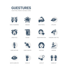 simple set of icons such as hands up, look up, hand up, watch dark eye, surfing, sad face, hand pointer, hand gesture, hanging over the key, dissatisfaction. related guestures icons collection.