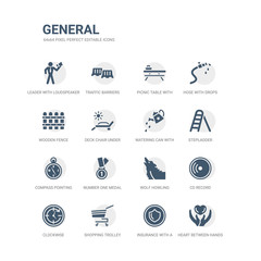 Fototapeta premium simple set of icons such as heart between hands, insurance with a button, shopping trolley, clockwise, cd record, wolf howling, number one medal, compass pointing south east, stepladder, watering