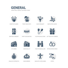 simple set of icons such as steps, man with open arms, head mirror, analog stopwatch, interlocking rings, pair of binoculars, card wallet, cit cards, gift box with ribbon, floating balloons. related