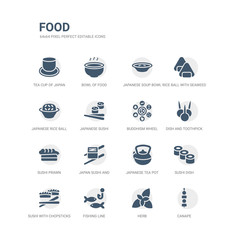 simple set of icons such as canape, herb, fishing line, sushi with chopsticks from japan, sushi dish, japanese tea pot, japan sushi and chopsticks, prawn, dish and toothpick, buddhism wheel. related