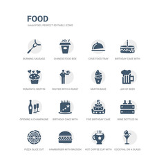 simple set of icons such as cocktail on a glass, hot coffee cup with hearts, hamburger with bacoon, pizza slice cut, wine bottles in a box, five birthday cake, birthday cake with candles, opening a