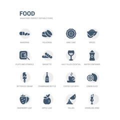 simple set of icons such as sparkling wine, fallen, apple leaf, raspberry leaf, lemon slice, coffee cup with steam, champagne bottle, bitten ice cream, water container, half filled cocktail glass.