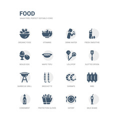 simple set of icons such as milk shake, eatery, protection gloves, condiment, ribs, shrimps, brochette, barbecue grill, slotted spoon, lollypop. related food icons collection. editable 64x64 pixel