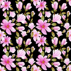  Beautiful watercolor pattern with pink flowers and magnolia leaves on a black background. Illustration. Botany. Spring. Blooming trees. Vegetable pattern. Garden. Illustration.