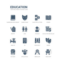 simple set of icons such as book shop, medallion, intellectual, eco book, drama, book shelf, as, wake up, calculator and dollar, scholar. related education icons collection. editable 64x64 pixel