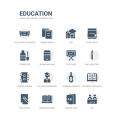 simple set of icons such as kid, various files, reading an open book, edit pencil, notebook open with bookmark, chemical content, college graduation, school agenda, ballpoint pen, flip chart.