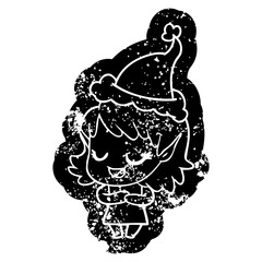 happy cartoon distressed icon of a elf girl wearing santa hat