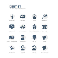 simple set of icons such as tooth whitening, sick boy, sick girl, dentist chair, cavities, implant, healthy boy, medical appointment, dentures, medical prescription. related dentist icons