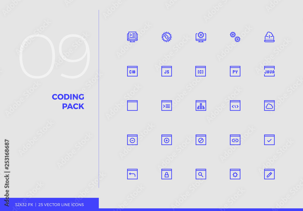 Poster vector line icons coding pack
