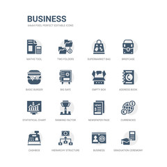 simple set of icons such as graduation ceremony, business, hierarchy structure, cashbox, currencies, newspaper page, ranking factor, statistical chart, address book, empty box. related business