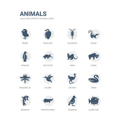simple set of icons such as globe fish, sparrow, hippopotamus, grampus, swan, ostrich, colibri, dragonflay, hyena, mink. related animals icons collection. editable 64x64 pixel perfect.