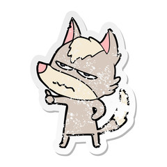 distressed sticker of a cartoon annoyed wolf