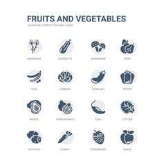 simple set of icons such as peach, strawberry, carrot, potatoes, lettuce, chili, pomegranate, papaya, pepper, eggplant. related fruits and vegetables icons collection. editable 64x64 pixel perfect.