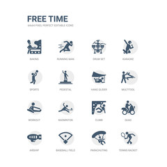 simple set of icons such as tennis racket, parachuting, baseball field, airship, quad, climb, badminton, workout, multitool, hang glider. related free time icons collection. editable 64x64 pixel