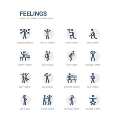 simple set of icons such as relaxed human, relieved human, rough human, sad safe satisfied sca sexy shocked sick related feelings icons collection. editable 64x64 pixel perfect.