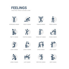 simple set of icons such as inspi human, irritated human, lazy human, lonely lost loved lovely lucky pissed pissed off related feelings icons collection. editable 64x64 pixel perfect.