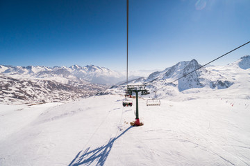 Formigal, Spain - 23 February 2019: View of a chairlift in Formigal Ski Resort, Pyrenees, Spain....